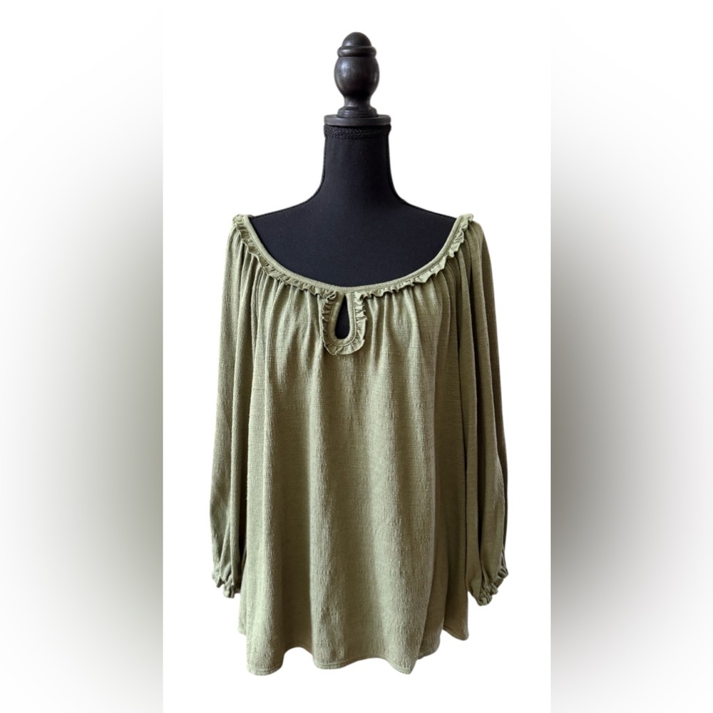 Max Studio: Olive Green BoHo Blouse with Keyhole Neckline and Ruffle Trim